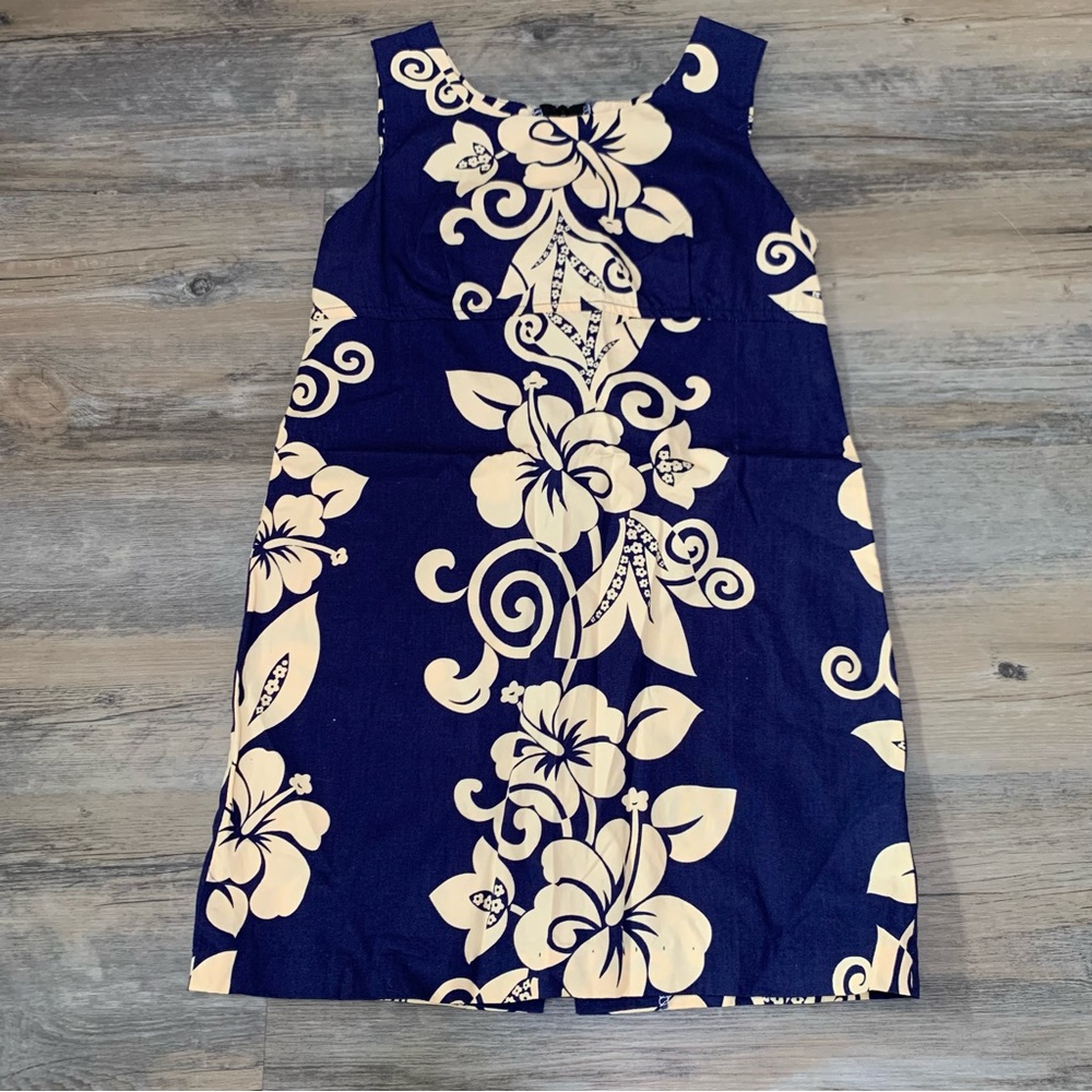 Hawaiian Print Navy Blue and Cream Hibiscus Little Girl Children’s Dress